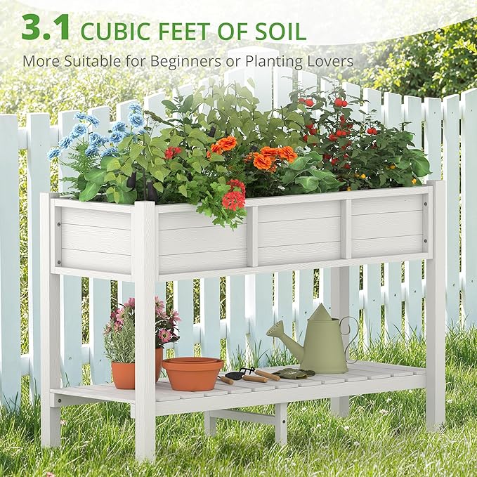 LUE BONA Raised Garden Bed with Tools, 45*18*29 in, Poly Elevated Planter Box with Legs And Storage Shelf, Weather Resistant, 3-Year Warranty, Standing Growing Bed Herb Planter for Vegetable, White
