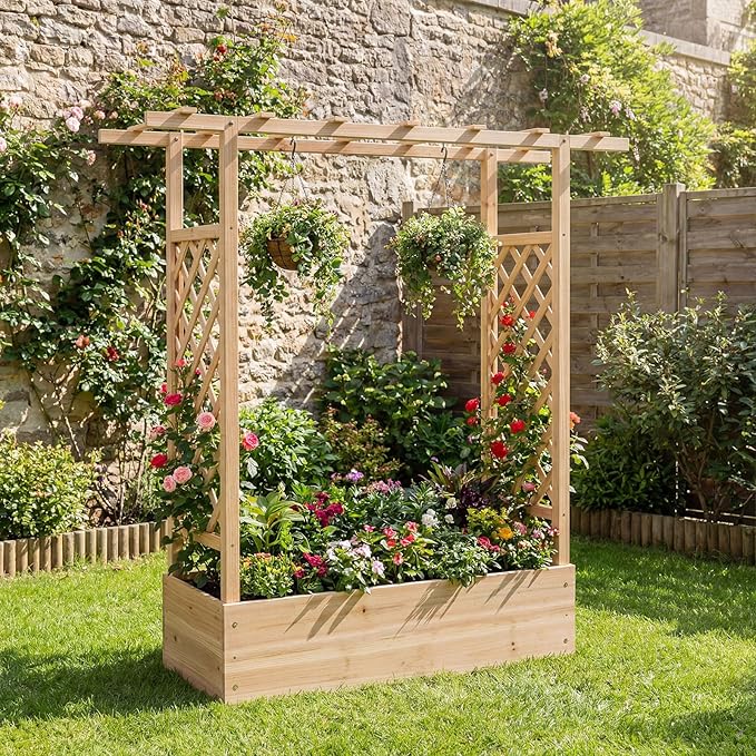 HAPPYGRILL Raised Garden Bed with Trellis & Hanging Roof, 45" Tall Wooden Planter Box with Drainage Holes, Outdoor Wood Elevated Garden Bed for Climbing Plants Vines Vegetables Flowers (Natural,1)