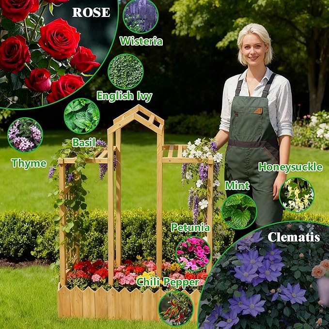Raised Garden Beds with Arch Trellis Outdoor, Wooden Planter Boxes with Hanging Roof, Side Trellis Patio Wooden Flower Pots for Vines Climbing Vegetables Plants(Wood5)