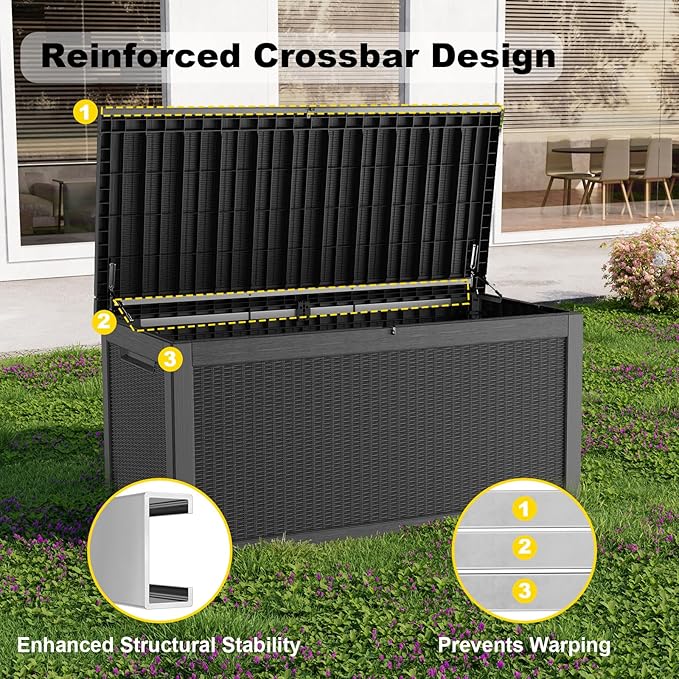 ROJIK 320 Gallon Waterproof Outdoor Deck Storage Box, Lockable Resin Patio Storage Bin with Lid for Garden Tools, Patio Cushions & Outdoor Accessories(Black)