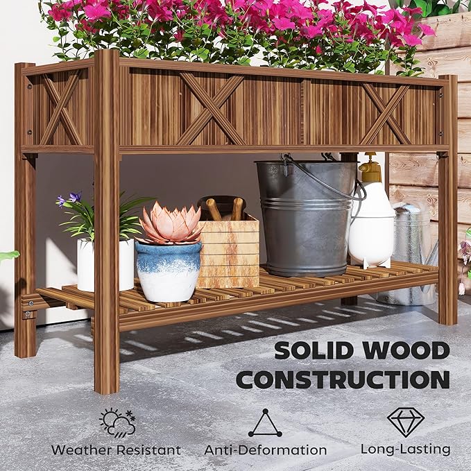 Outsunny Raised Garden Bed, Elevated Wood Planter Box with Storage Shelf, Drainage Holes, and Liner for Backyard, Patio, Balcony, 47 x 22 x 31.5 in, Carbonized