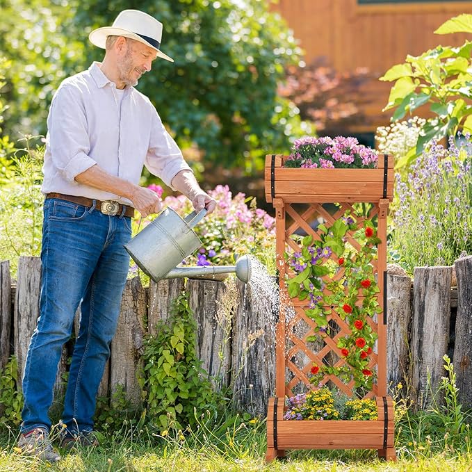 Giantex Raised Garden Bed with 2 Barrel Planters & Trellis, 2-Tier Freestanding Wooden Raised Bed for Vine Vegetable Flower Fruit, Indoor Outdoor Plant Box for Garden Yard Balcony 18" Lx14 Wx44.5 H