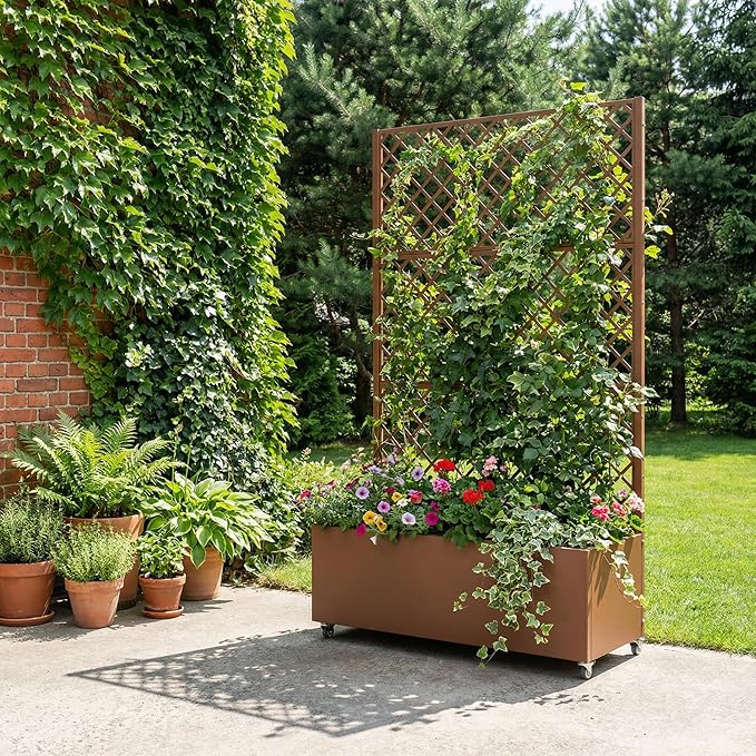 Casaphoria Metal Raised Garden Bed with Trellis and Wheels, 72"x47"x16" Arched Planter Box for Climbing Plants, Vegetables & Vines, Features Drainage Holes and Privacy Screen, Brown-Rhombus