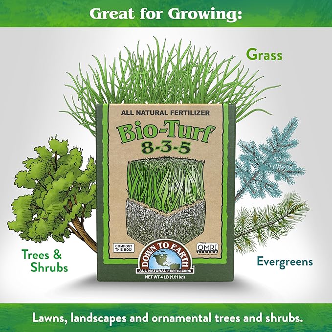 Down To Earth All Natural Fertilizers Organic Bio-Turf Lawn Food for Grass, Landscape and Ornamentals - Works with Lawn Spreaders 8-3-5, 4 lb