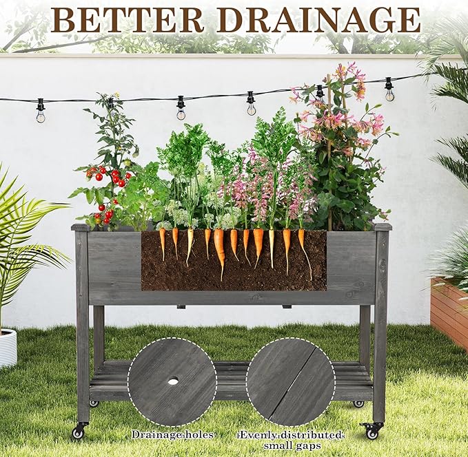 Raised Garden Bed with Lockable Wheels, 48x24x32 inch Elevated Wood Planter with Storage Shelf Protective Liner for Vegetable Flower Herb Outdoor Balcony Patio Backyard, Grey