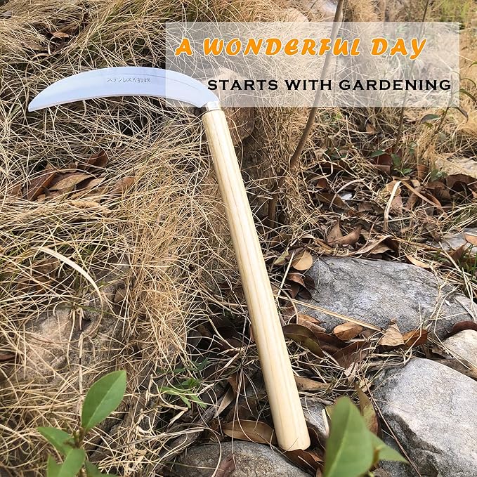 Grass Sickle Japanese Weeding Hoe Garden Hand Tool Weeding Tools for Garden High-Strength Steel with Solid Wood Handle (Beige)