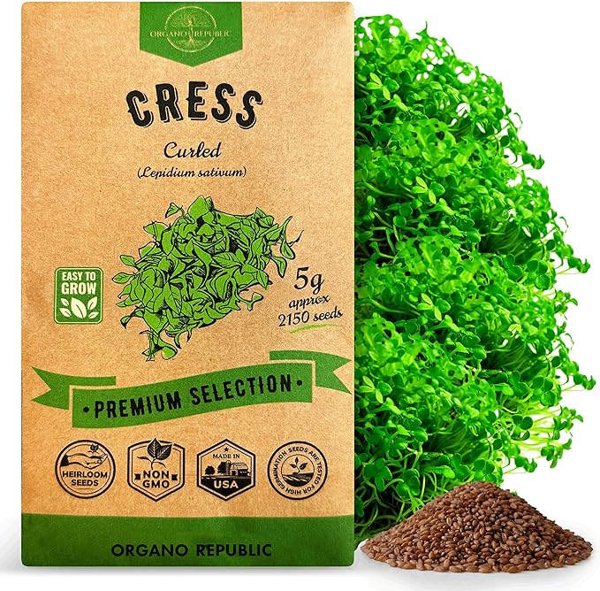 Organo Republic Curled Cress Seeds Pack 5G - Over 2,150 Non-GMO Heirloom Cress Seeds for Planting Greens in Individual Seed Packet, Greens Seeds for Planting Home Garden Indoor & Outdoor Gardening