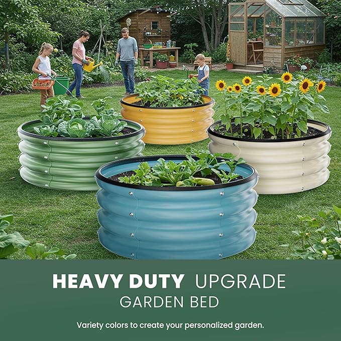 Round Galvanized Raised Garden Bed Kit, 2 Pcs 2 x 2 x 1ft Teal Blue Galvanized Garden Boxes, Outdoor for Vegetables