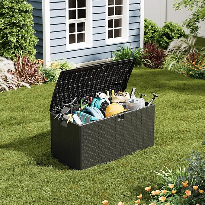 GarveeLife 100 Gallon Outdoor Storage Box, Large Resin Deck Box with Hydraulic Air Rod, Weatherproof & Lockable Outdoor Storage Bin for Patio Cushions, Garden Tools, Pool Supplies, Porch, Black
