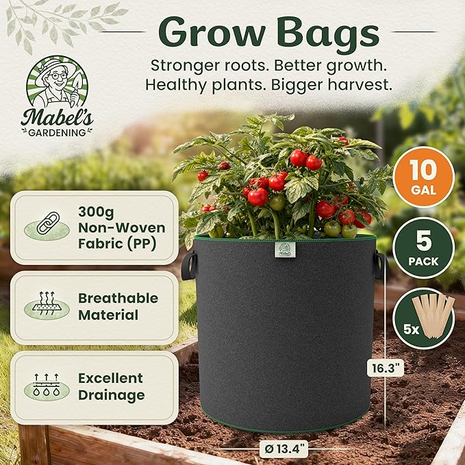 Mabel's Gardening 5-Pack 10 Gallon Grow Bags - Garden Planting Bags 13.4 x 16.3 INCH Made of 8.85 oz/yd² (300g/m²) Felt & Fleece Fabric Plant Pot, Plant Bag, Grow Bag for Carrot Potato Tomato