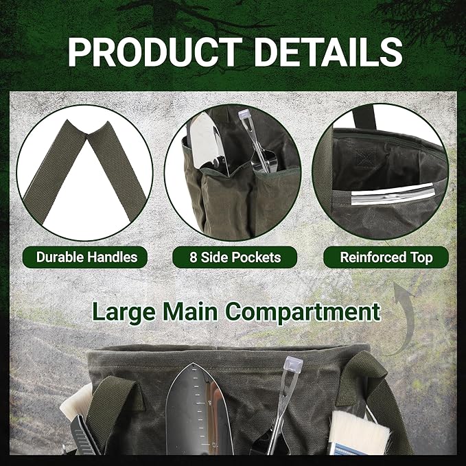 Denifiter Professional 16oz Waxed Canvas Garden Tool Tote - Extra Large Waterproof Storage with 8 Pockets & Reinforced Base | Durable Carrying Case for Gardening, Landscaping & Outdoor Work