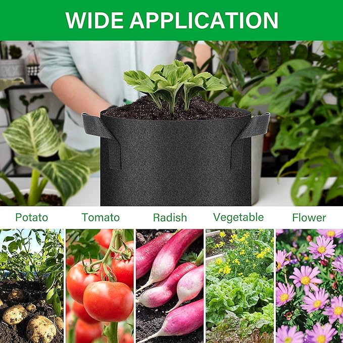 YSSOA 10-Pack 5 Gallon Grow Bags, Tomoato Plant Pots with Handles, Aeration Nonwoven Fabric, Heavy Duty Gardening Planter for Vegetable, Fruits and Flowers, Black