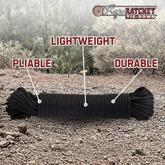 Rope Ratchet 1/8" 50 ft Braided Polyester Utility Cord, Weather Resistant Indoor Outdoor for Gardening, DIY Projects, Securing Loads, Binding, Knot Tying, Tarp Use, 75 lb Capacity - Black
