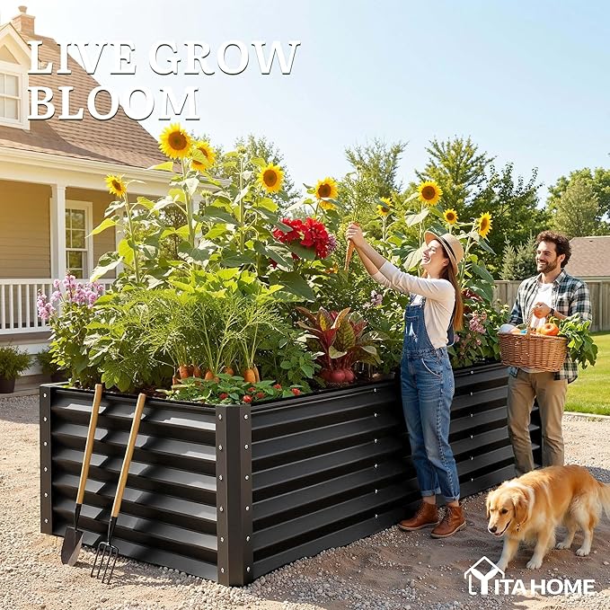 YITAHOME 8x4x3ft Large Raised Garden Bed Kit, Galvanized Metal Planter Box with Gloves, Support Rod & Safety Rubber, Outdoor Above Ground Planters for Plants Vegetables Flowers, Black