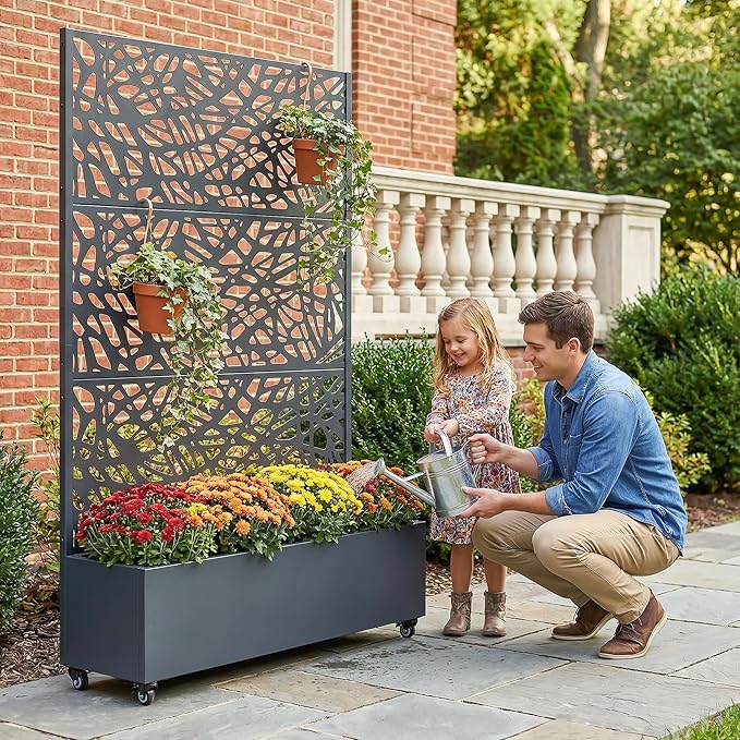 Casaphoria Metal Raised Garden Bed with Trellis and Wheels, 72"x47"x16" Planter Box for Climbing Plants, Vegetables & Vines, Features Drainage Holes and Privacy Screen, Drakgrey-Net