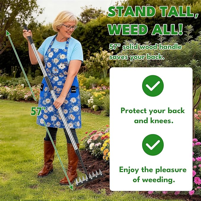 Iron Weeding Rake with Long Handle 2.0, Upgraded 8 Teeths Garden Weed Puller Tool Heavy Duty Gardening Tool for Lawn, Flower Beds & Soil Aeration