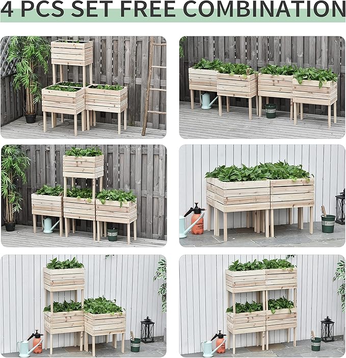 Outsunny 4PCS Raised Garden Bed with Legs, Wooden Elevated Planter Box Kit with Bed Liner, DIY Shape, for Flowers Vegetables Backyard Patio Balcony, 110lb Capacity