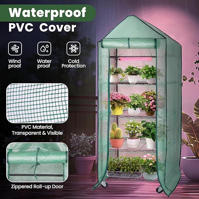 Mini Indoor Greenhouse with Grow Light, Portable 4-Tier Plant Stand with PVC Cover, Adjustable Shelves & Thermohygrometer for Seed Starting & Plant Growth, 70 x 23 x 19'', 32W Grow Light