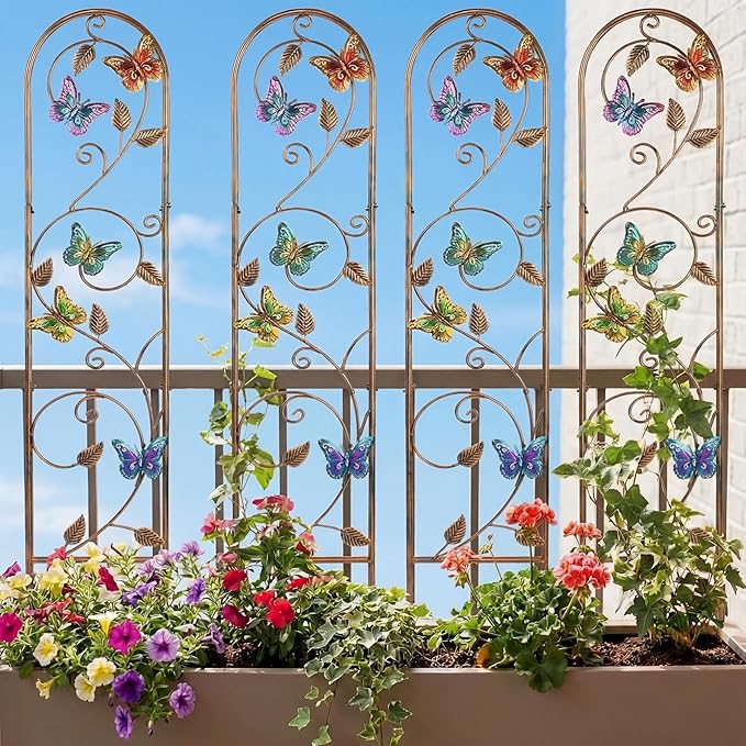 Blulu 4 Pack Metal Garden Trellis for Climbing Plants, 60x11 Inch Detachable Rustproof Arched Fence Flower Vegetable Plant Stand for Outdoor Patio Yard Lawn Decorative(Butterfly)