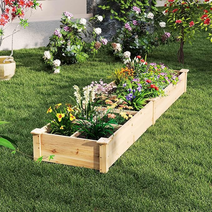 Giantex Wooden Raised Garden Bed with 2 Planter Boxes & Dividers, 90"x25"x10" Raised Bed for Flowers Vegetables Fruits Herbs Gardening Planting, Outdoor Garden Box for Patio Backyard Lawn (1)