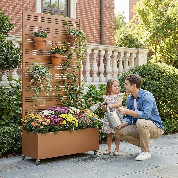 Casaphoria Metal Raised Garden Bed with Trellis and Wheels, 72"x35"x16" Planter Box for Climbing Plants, Vegetables & Vines, Features Drainage Holes and Privacy Screen, Brown-Harold