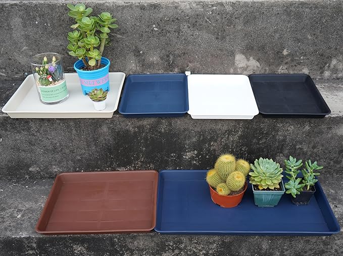 VUWEZ 4 Pack Plant Saucer Tray Rectangular, Plant Saucers for Indoors, Heavy Sturdy Plastic Plant Drainage Trays, Plant Drip Trays for Pots, Seed Starter Growing Tray (11 x 9 inch, Beige)