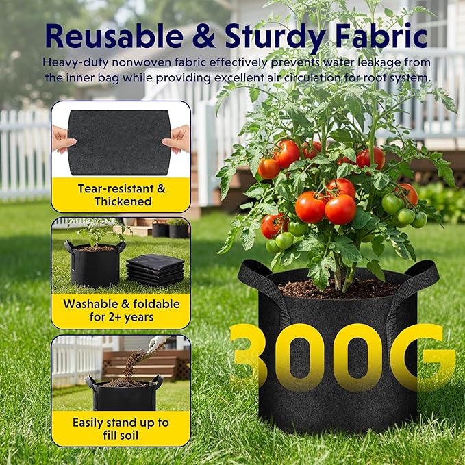 iPower 5 Gallon 10 Pack Grow Bags Nonwoven Fabric Pots Aeration Container with Strap Handles for Garden and Planting, 10-Pack Black, 5 Gallon