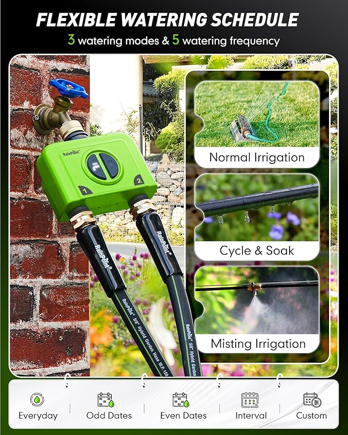 RAINPOINT WiFi Water Timer for Garden Hose, 2 Zone WiFi Sprinkler Controller, Smart Hose Timer Valve, Automatic Drip Irrigation System/Rain Delay for Garden/Lawn/Yard (Brass Inlet, WiFi Gateway)