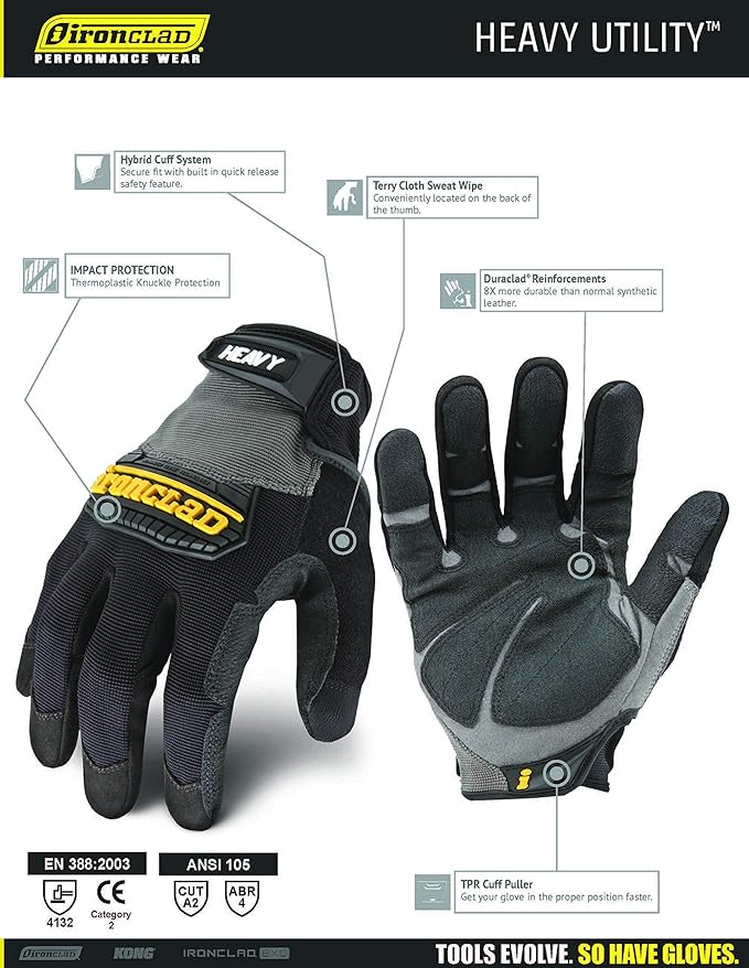 Ironclad Heavy Utility Work Gloves HUG, High Abrasion Resistance, Performance Fit, Durable, Machine Washable, (1 Pair), XX-LARGE