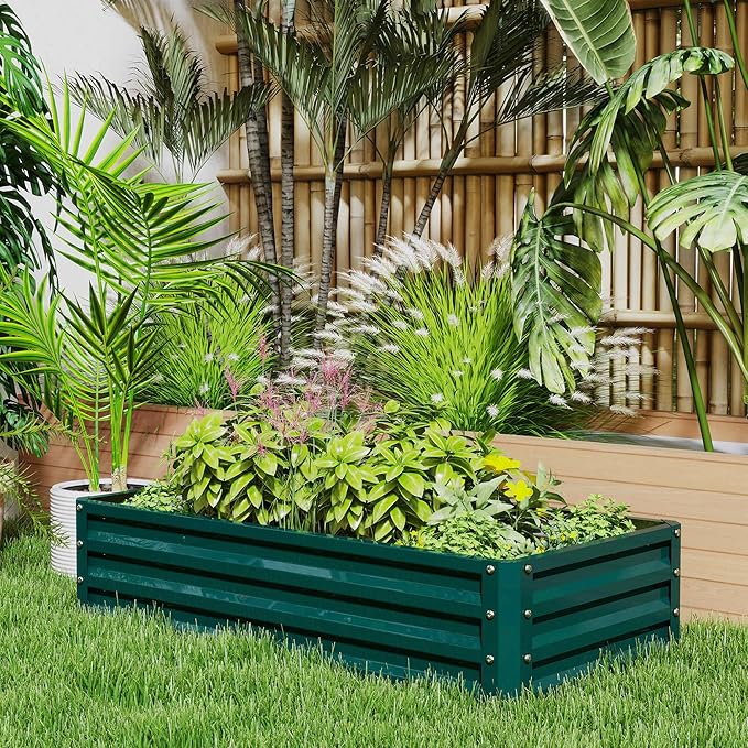 Outsunny Galvanized Raised Garden Bed, 4' x 2' x 1' Metal Planter Box, for Growing Vegetables, Flowers, Herbs, Succulents, Green