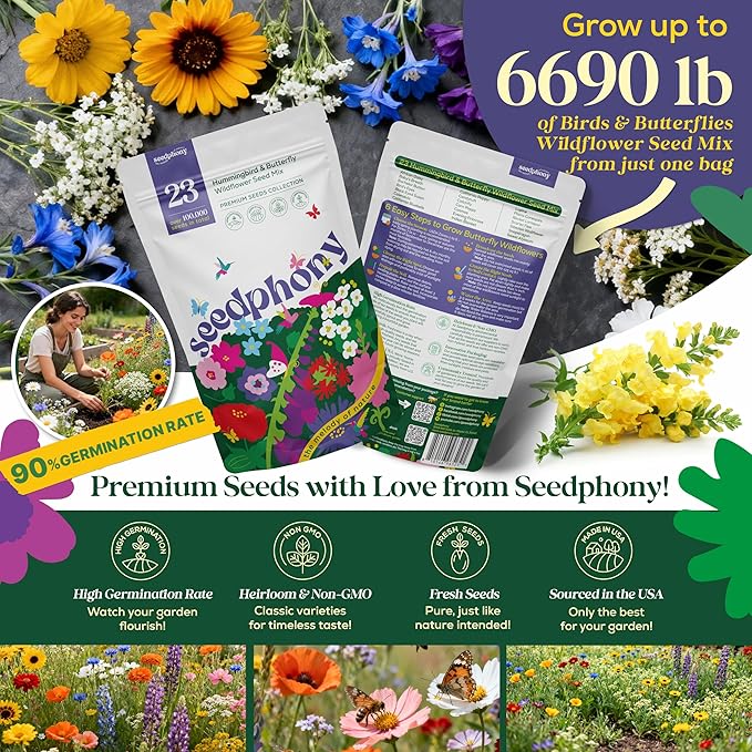 23 Wildflower Hummingbird & Butterfly Mix 4 oz - 100,000 Non-GMO Heirloom Wildflower Seeds for Planting Garden, Perennial Flowers to Attract Bees, Butterflies & Birds in Waterproof Packet