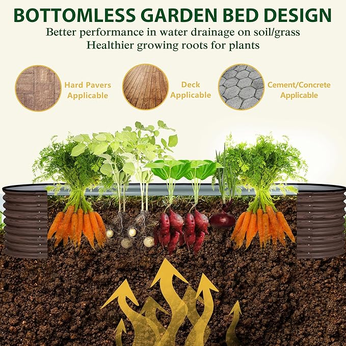 VEIKOU 8ftx2ftx2ft Raised Garden Bed Outdoor for Vegetables, 9-in-1 Galvanized Metal Planter Box with 2 Aluminum Support Bars, 23.1''H Modular Garden Bed Kit Oval for Herbs and Flowers, Rustic Brown
