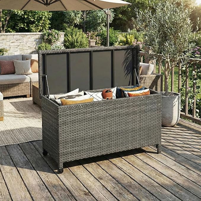 Wicker Deck Box, 185 Gallon All-Weather Outdoor Storage Box, Rattan Storage Bin for Patio Furniture, Outdoor Cushions, Pool Storage and Garden Tools, Grey