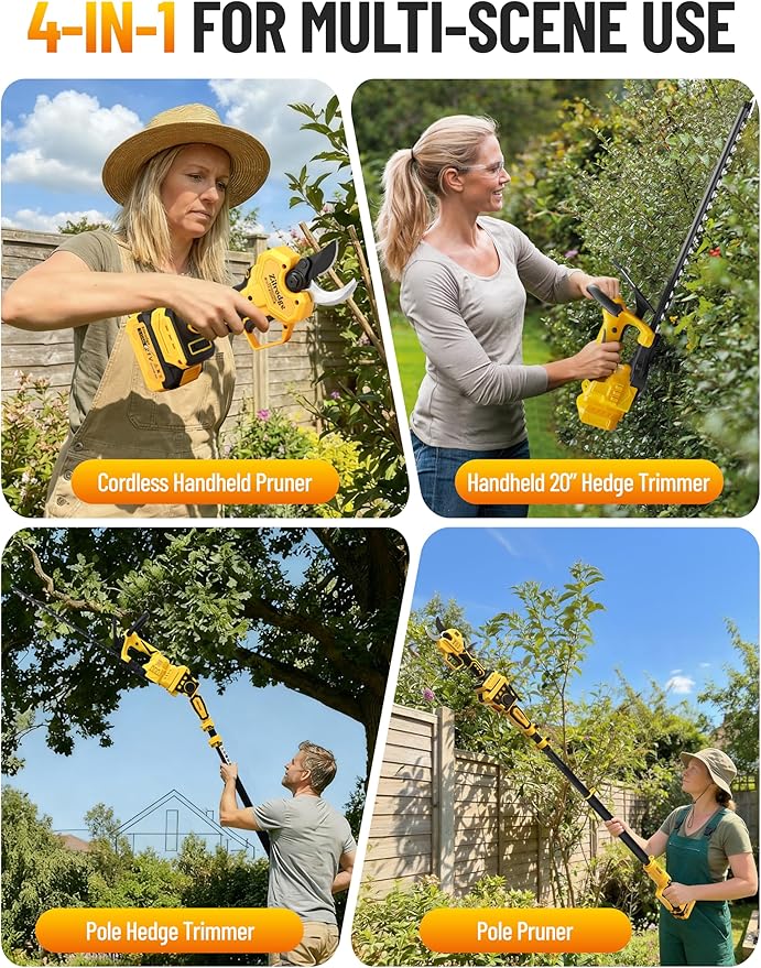 4-IN-1 Electric Pruning Shears+Pole Hedge Trimmer Combo, Hedge and Grass Trimmer Cordless & Tree Pruner with Extension Pole for Shrubs, Bushes, Max 15Ft Reach, Compatible with Dewalt Battery