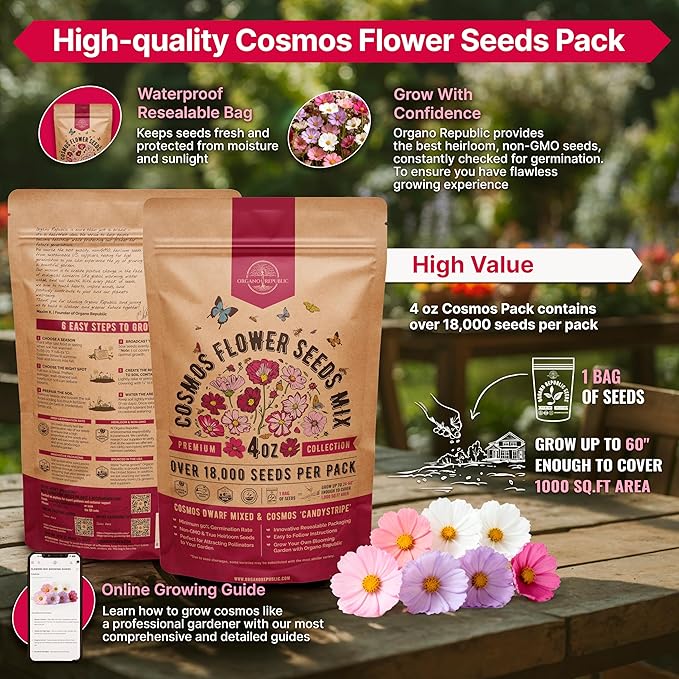 Cosmos Flower Seeds Pack 4 oz - 18,000 Non-GMO Heirloom Annual Seeds for Planting Indoor & Outdoor Gardening, Flower Seed for Garden in Resealable Packet, Floral Mix for Pollinators Perennial Mix