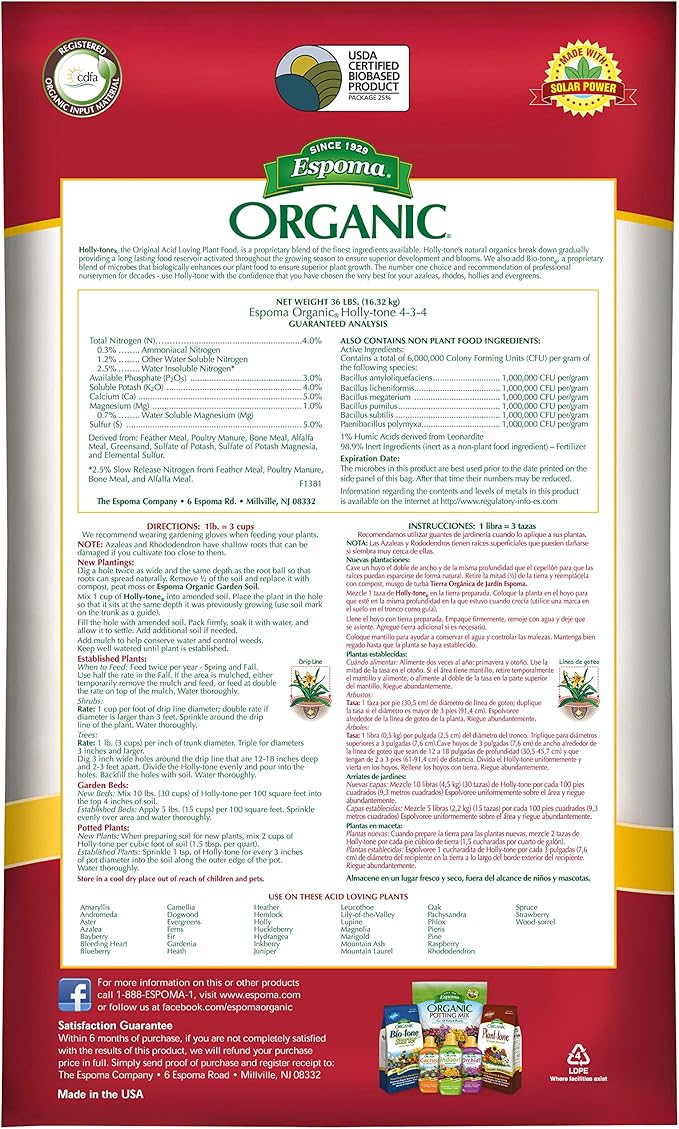 Espoma Organic Holly-Tone 4-3-4 Natural & Organic Evergreen & Azalea Plant Food; 36 lb. Bag; The Original & Best Fertilizer for All Acid Loving Plants Including Rhododendrons & Hydrangeas.