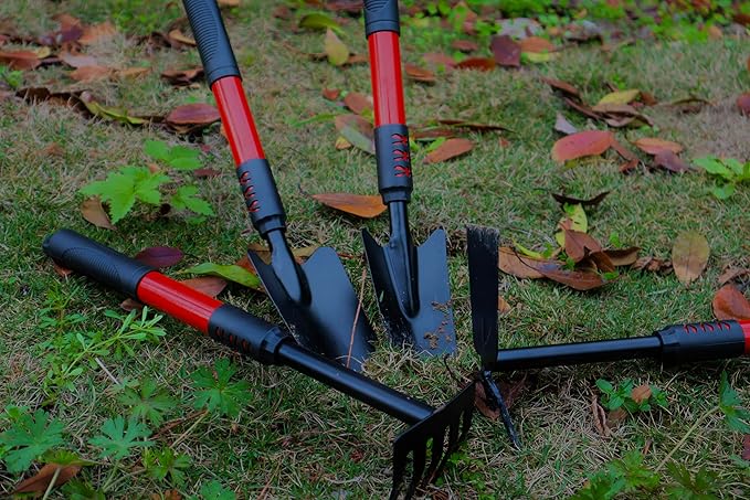 4-Piece Garden Tool Set with Ergonomic Non-Slip Handles - Hand Trowel, Transplanter, Cultivator, Rake for Gardening, Planting, Weeding
