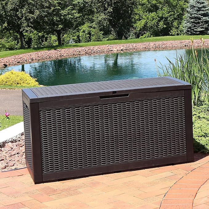 Sunnydaze Outdoor Deck Box - Lockable Package Delivery Box - Weather-Resistant Outdoor Storage Bin - 100-Gallon Faux Resin - Phantom Gray