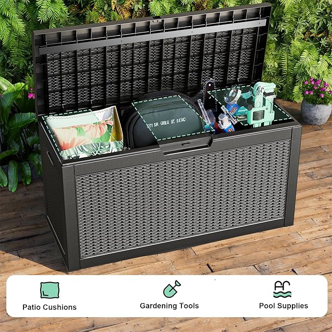 Vixzen 60 Gallon Outdoor Deck Box,Lockable Resin Waterproof Storage Box,UV Resistant,Weather Resistance,Outside Storage Bin for Gardening Tools,Pool Supplies（Black，60 Gallon）