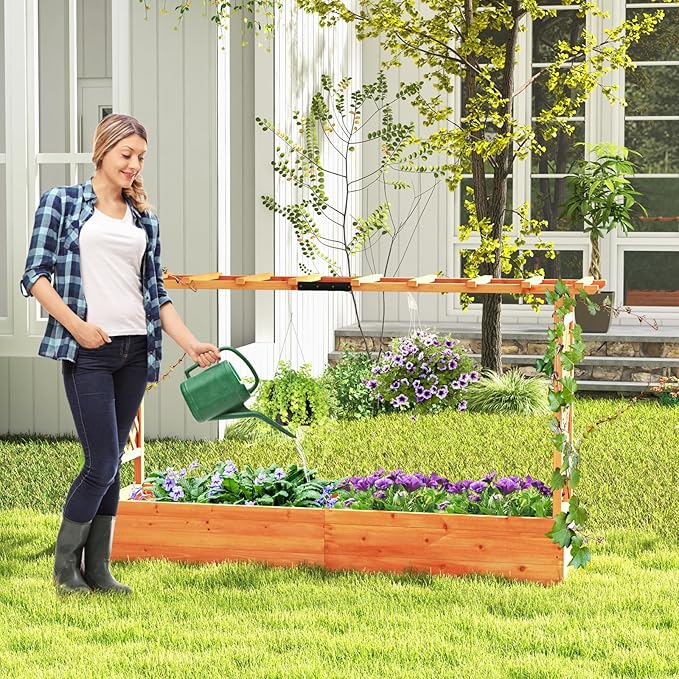 HAPPYGRILL Raised Garden Bed with Trellis, 2 Pack Freestanding Wood Planter Box w/Hanging Roof & 8 Drainage Holes for Vine Climbing Plants Flowers, Outdoor Planter with Trellis for Garden Patio Yard