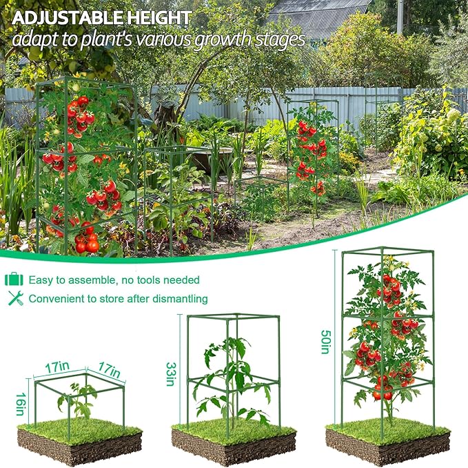 3 Pack Tomato Cages, Square Tomato Plant Stakes Support Cages Trellis, 50 * 17 * 17in Heavy Duty Steel Plant Tower Stakes Cucumber Trellis for Garden Climbing Vegetables Flowers Fruits, Bold