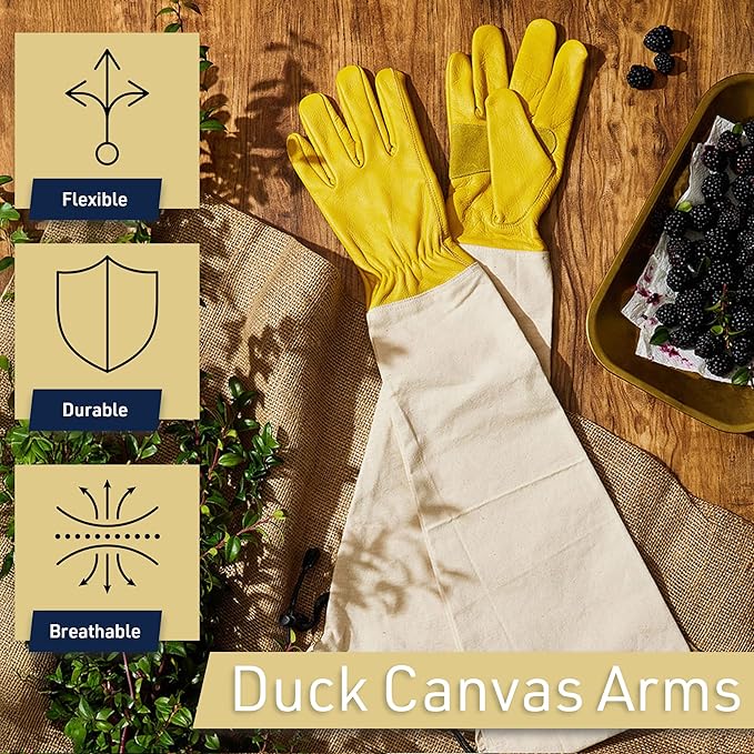 Kings County Tools Long Garden Gloves for Men and Women - Breathable Canvas and Thorn Proof Leather Gardening Gloves with Arm Guard Gauntlet for Pruning Planting Rose Cactus or Blackberry (Large)