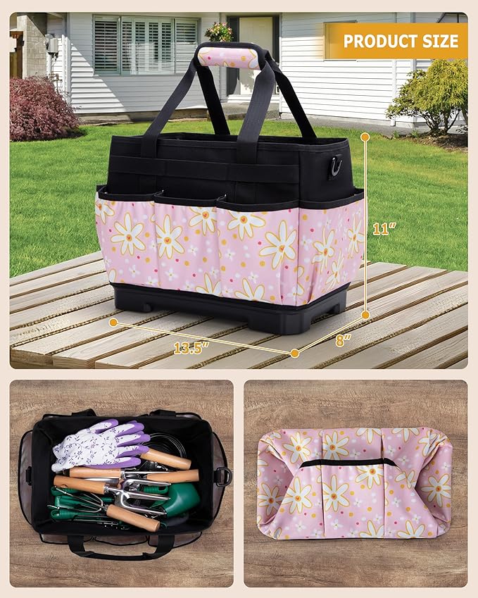 Garden Tool Bag with Hard Bottom, Garden Tote with Shoulder Strap and Multiple Pockets (No Accessories Included), Pink Sunflower