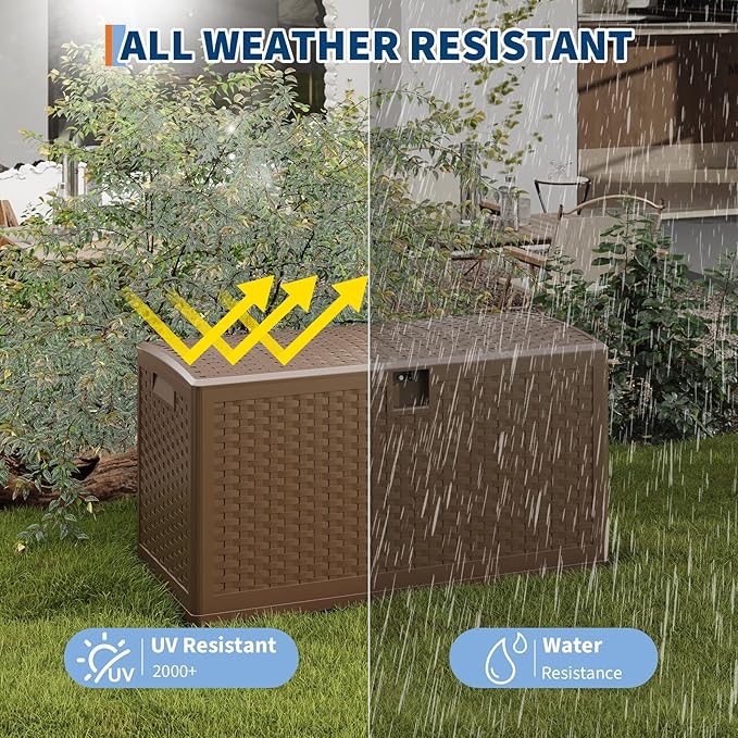 GarveeLife 73 Gallon Resin Deck Box, Weatherproof and UV Resistant Outdoor Storage Box, Lockable Outdoor Storage Bin for Patio Cushions, Garden Tools, Pool Supplies, Package Delivery, Brown