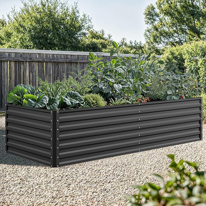 DWVO 8 x 4 x 2 FT Raised Garden Bed Kit, Outdoor Galvanized Flower Bed with Safety Rubber and Gloves, Large Metal Planter Box for Vegetables, Flowers, Herbs, Fruits, Black