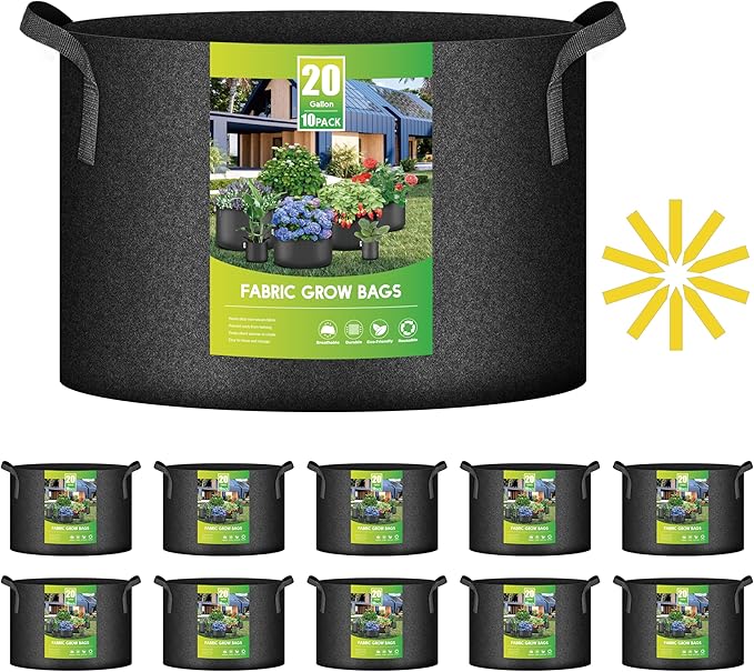iPower 10-Pack 20 Gallon Plant Bags Heavy Duty Thickened Nonwoven Fabric Potato Growing Pot, Aeration Durable Container with Reinforced Strap Handles, Black