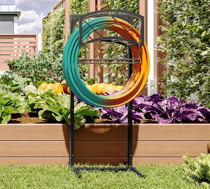 Fire Beauty Heavy-Duty Portable Garden Hose Holder with Storage Basket,80+ lbs Capacity, Modern Geometric Design, Holds 180ft 1/2" Hose,Dual Support Rods & Rustproof Screws