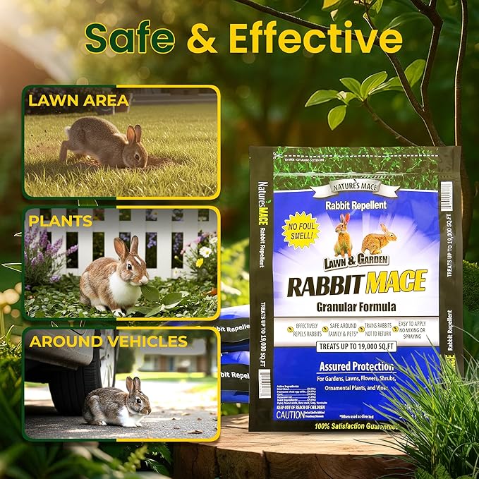 Nature's MACE Rabbit MACE Granules, Rabbit Repellent for Gardens, Lawns, Farms & Landscapes, Treats 57,000 sq ft, Granular Deterrent, 90 Pounds, All-Season Use, Safe for Pets, Children, and Plants