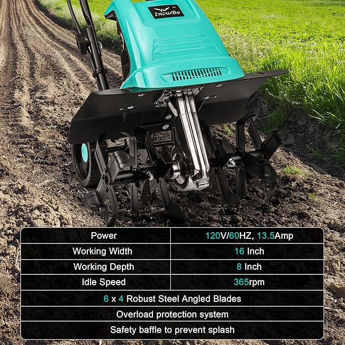 IncwBo Tiller 13.5AMP Rototiller for Garden Corded Electric Tiller Garden Electric Cultivator 8Inch Depth 16Inch Width Tiller for Garden Yard