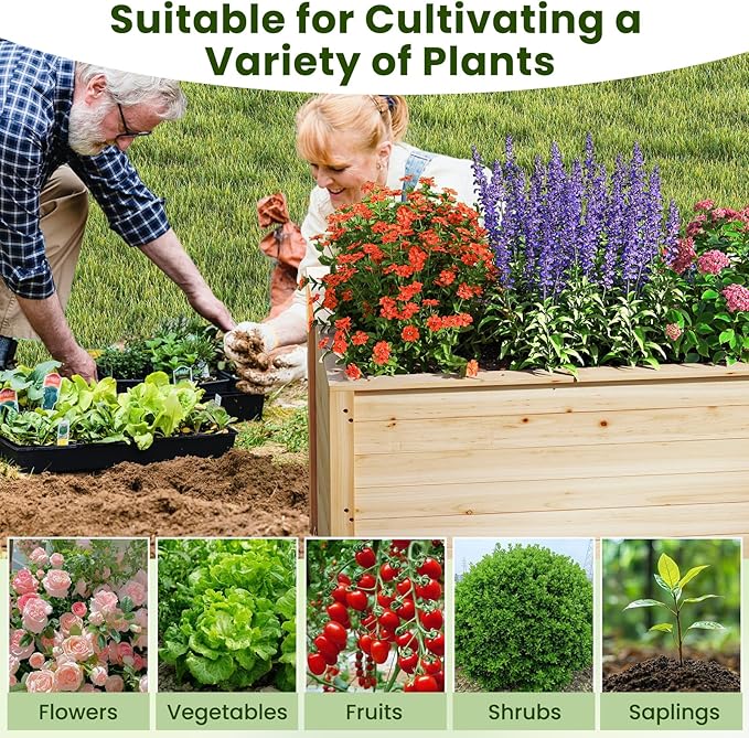 Giantex Set of 2 Wood Raised Garden Bed, 40"x25"x26" Elevated Planter Box w/Open-Ended Base for Deep-Rooted Plant Vegetable Fruit Flower, Outdoor Solid Wood Planter for Patio Backyard (40"x25"x26")